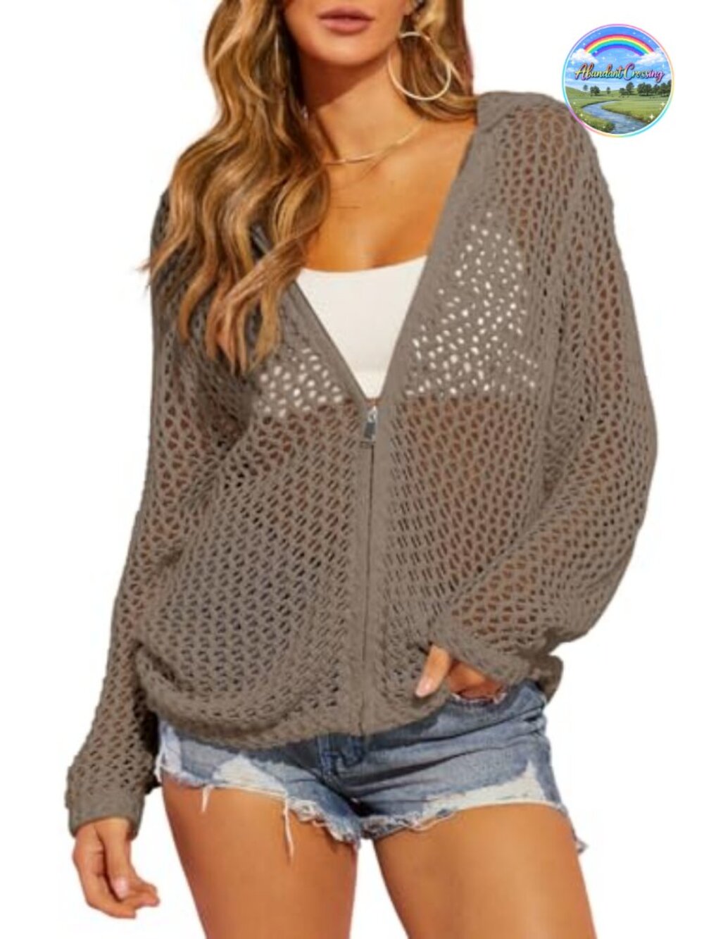 Women's Crochet Lightweight Cardigan Sweater Zip Up Long Sleeve Knit Cover Up